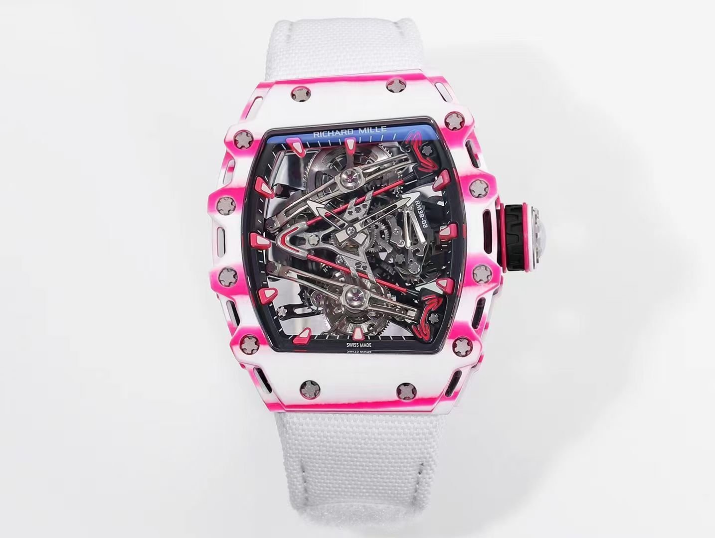 Richard Mille RM38-02 Tourbillon Bubba Watson Watch White Strap Pink Quartz Carbon Fiber Skeleton Dial Golf Inspired Manual Winding Movement RM38-02-BW-WSP-PINK