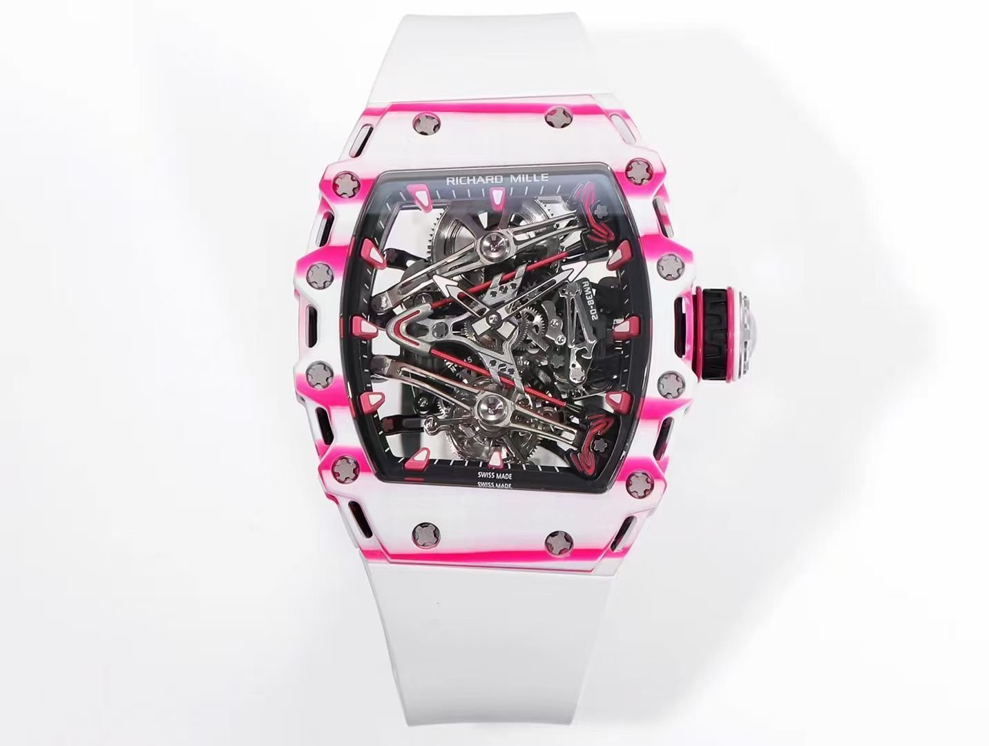 Richard Mille RM38-02 Tourbillon Bubba Watson Watch Pink Quartz Carbon Fiber Skeleton Dial Golf Ball Inspired Manual Winding Movement RM38-02-BW-PQC-SK10