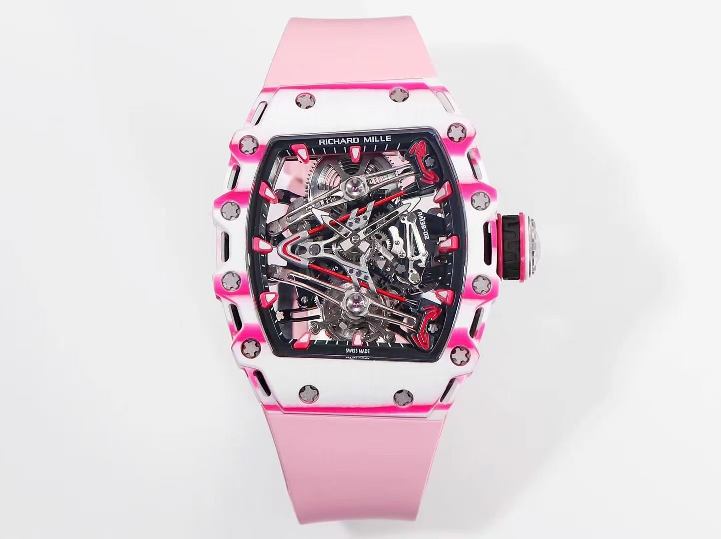 Richard Mille RM38-02 Tourbillon Bubba Watson Watch Pink Quartz Carbon Fiber Case Skeleton Dial Manual Winding Tourbillon 10000G Shock Resistant Golf Edition RM38-02-BW-PINK-QCF-GT