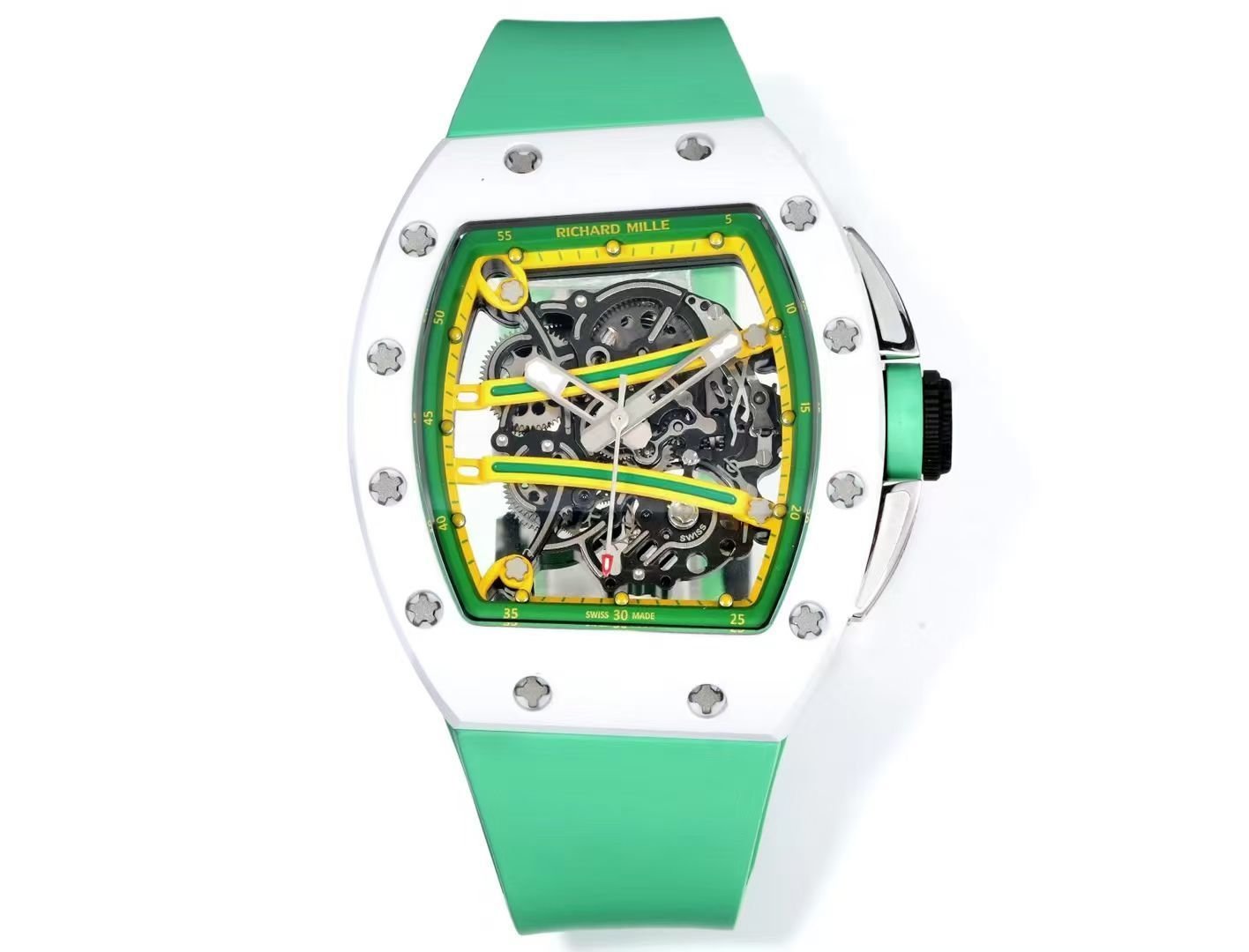 Richard Mille RM61-01 Watch TZP-N Zirconia Ceramic NTPT Carbon Fiber Skeleton Dial RMUL2 Manual Winding Movement Yellow Green Suspended Bridge Luxury Sports Watch RM61-01-TZP-YGB-SK