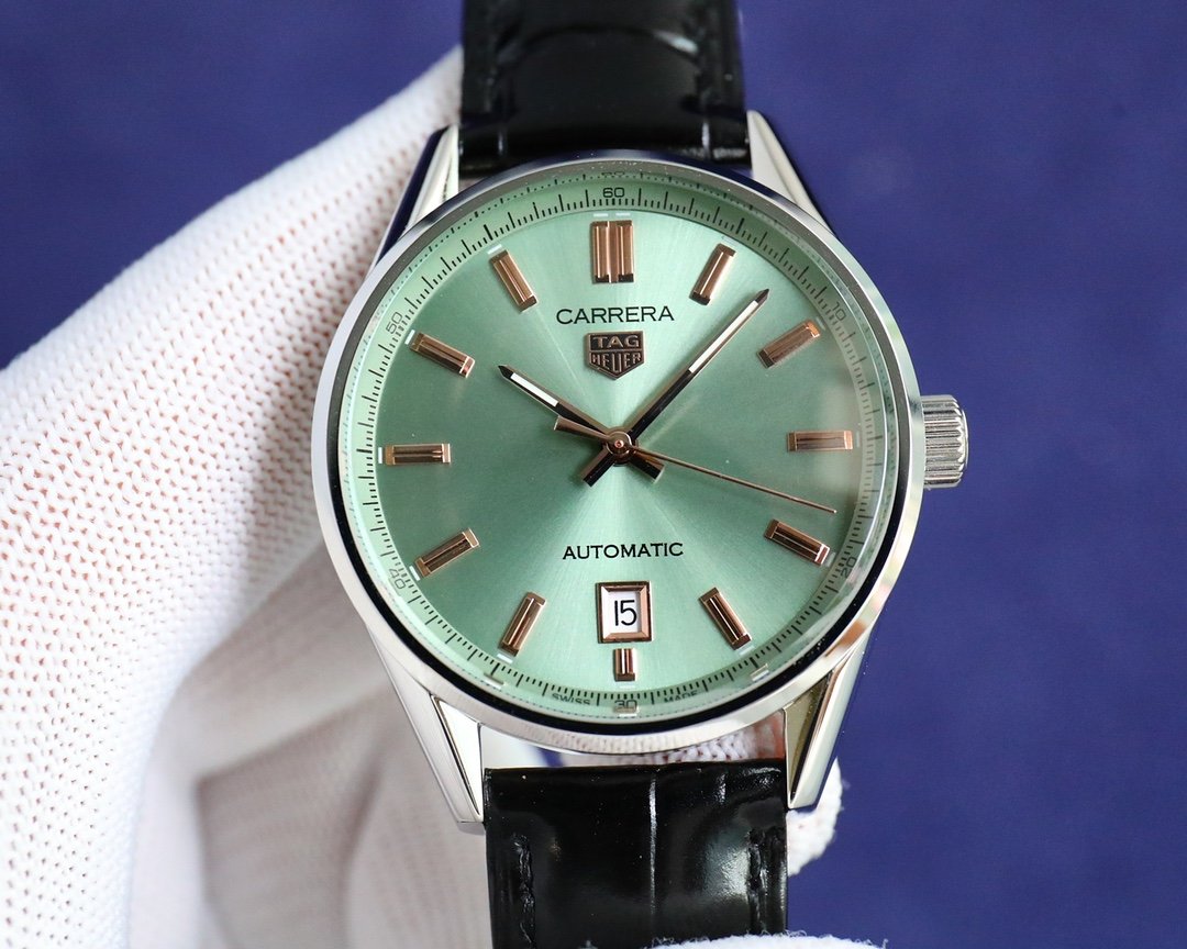 TAG Heuer Carrera WBN2111 Automatic Turquoise Green Dial Watch 39MM Black Leather Strap Premium Edition TAG-CAR-WBN2111-TGR-BLK-39