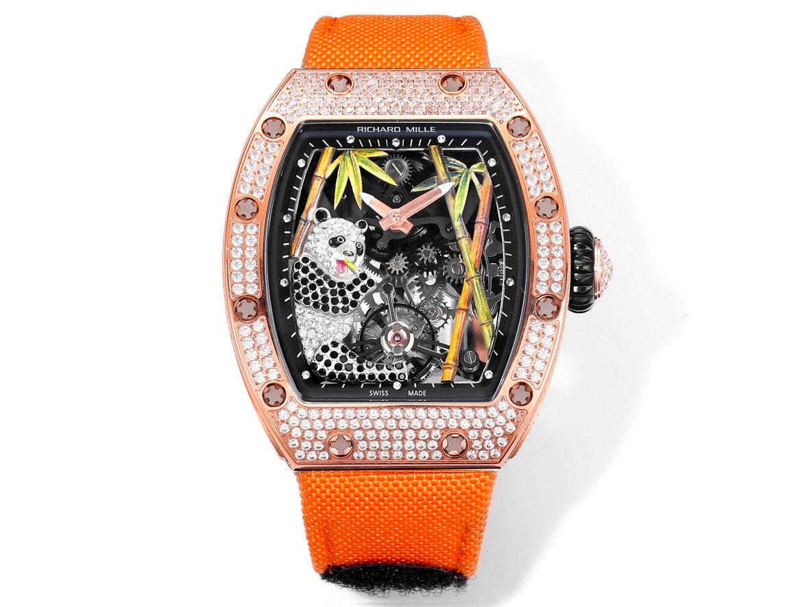 Richard Mille RM26-01 Panda Tourbillon Watch Orange Strap Full Diamond Panda Art Dial 18K White Gold National Treasure Mechanical Edition RM26-01-PND-ORS