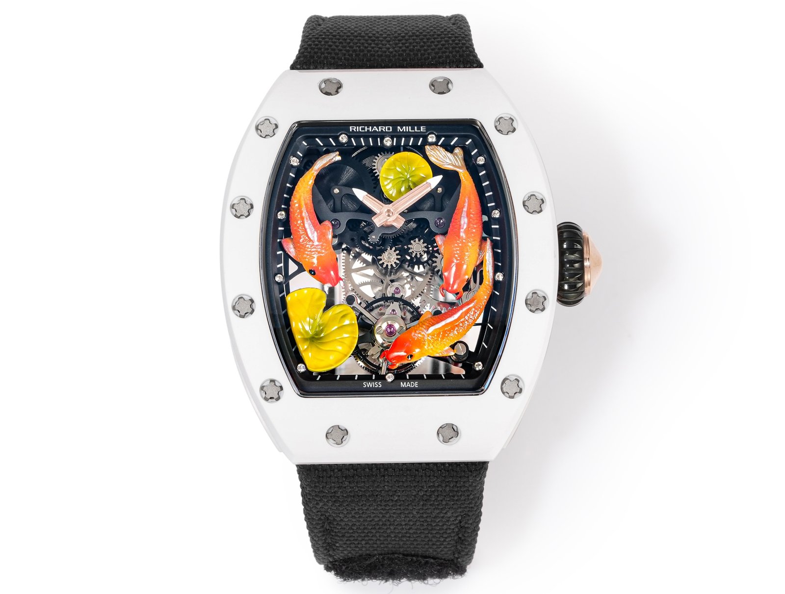 Richard Mille RM S10 Koi Tourbillon Watch Black Strap Colorful Skeleton Dial Red Gold Diamond Koi Art Mechanical Edition RM-S10-KOI-BLS-CFD