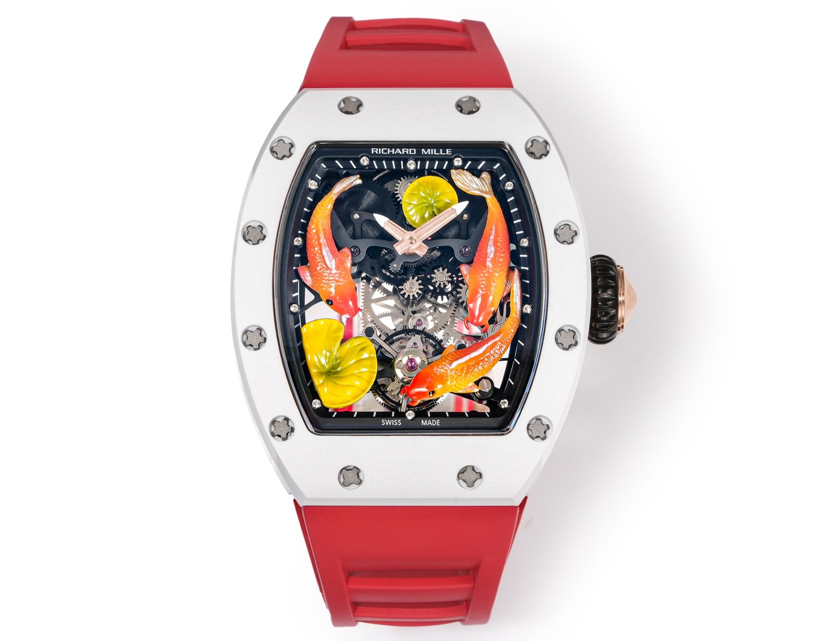 Richard Mille RM S10 Koi Tourbillon Watch Red Strap Colorful Koi Art Dial Red Gold Diamond Decoration Flying Tourbillon Mechanical Edition RM-S10-KOI-RDS-ART
