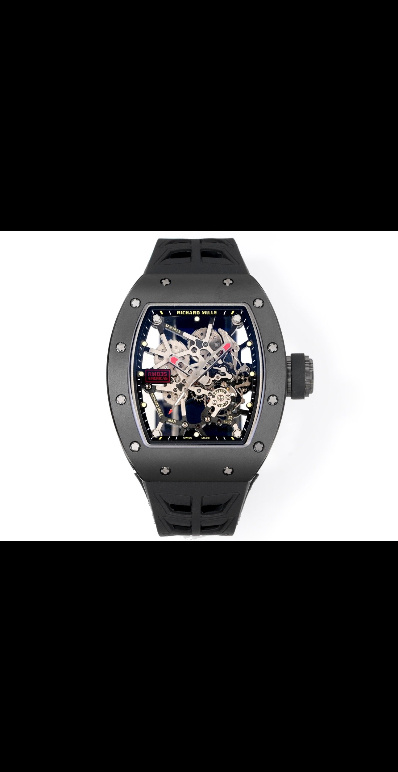 Richard Mille RM035 Big Bull Manual Winding Skeleton Watch Black Ceramic NTPT Carbon Fiber RMUL1 Movement Velcro Strap Premium Edition RM035-BB-BLK-CF-VEL