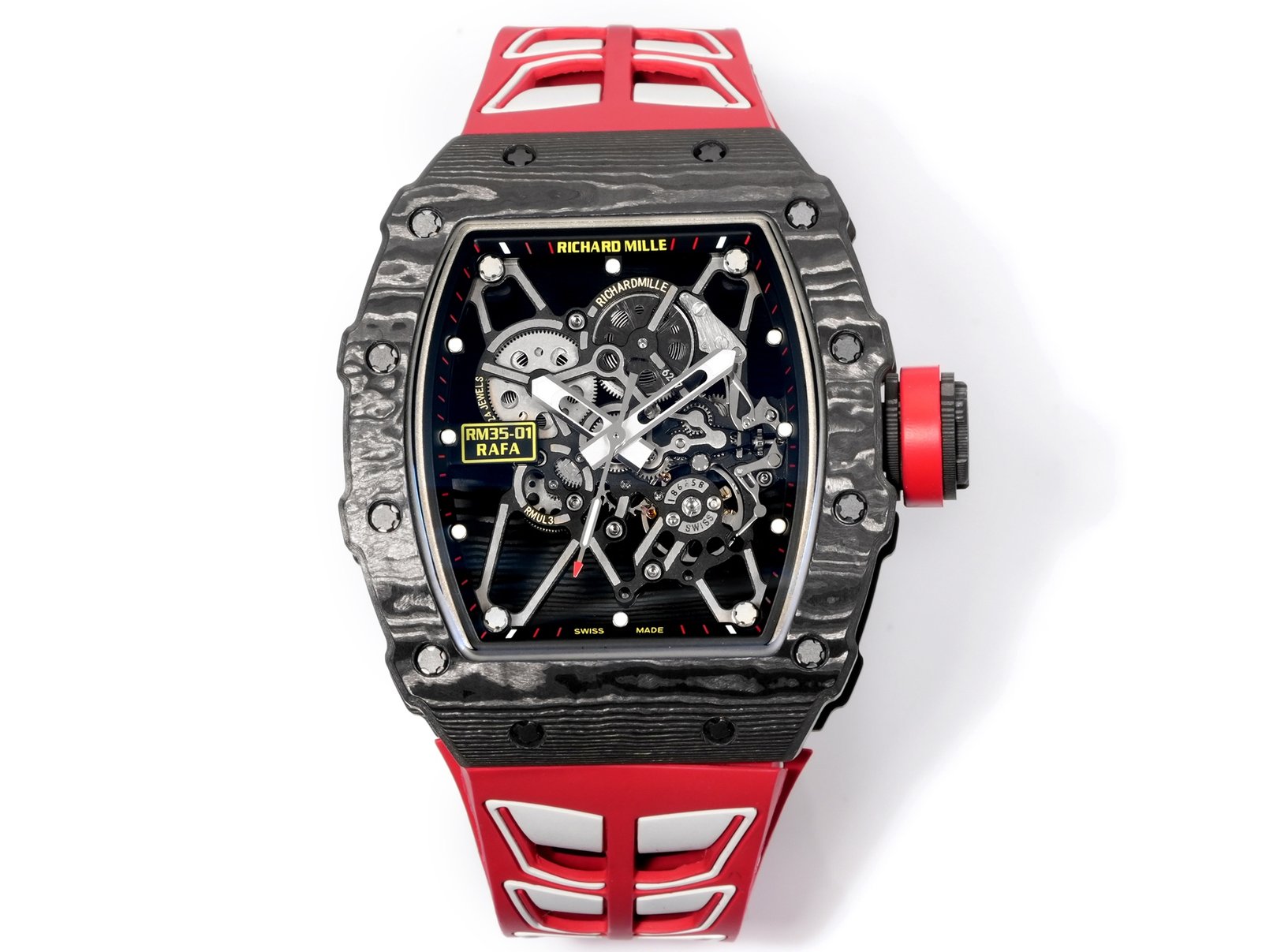 Richard Mille RM35-01 Rafael Nadal Carbon Fiber Black Red Skeleton Watch RM3501-BBR1