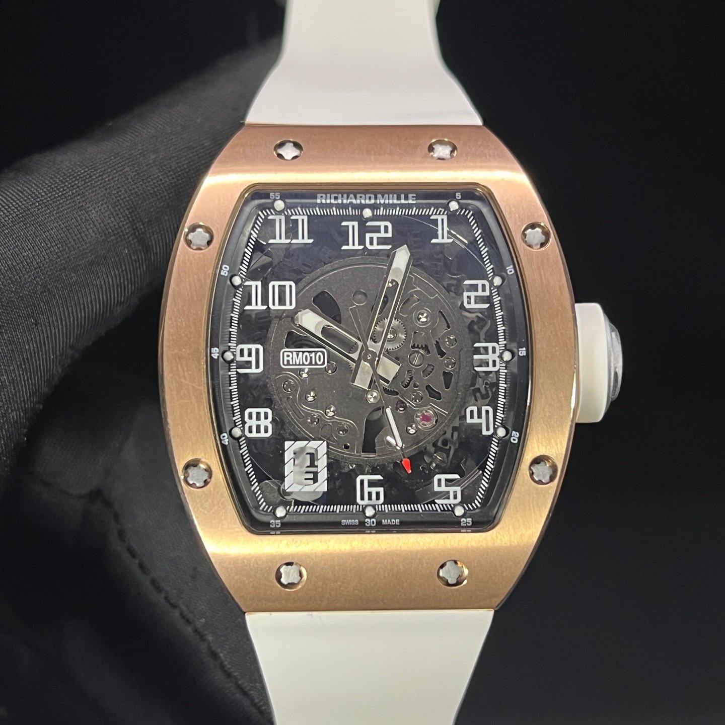 Richard Mille RM010 Titanium Skeleton Automatic Gold Bezel White Strap Watch RM010-GW