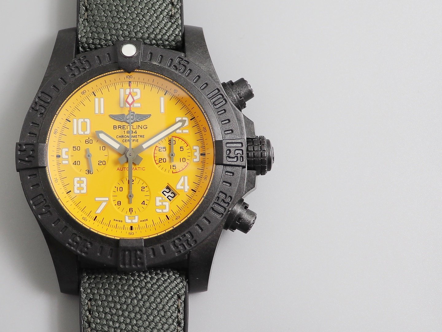 Breitling Avenger Hurricane 45 Automatic Chronograph Watch 45MM Breitlight Case Cobra Yellow Dial Military Strap B01 Movement XB0180E41I1W1