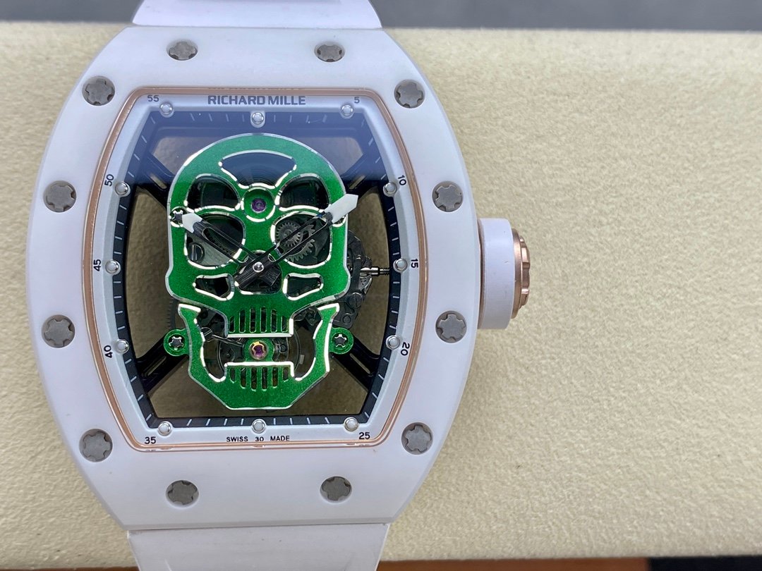 Richard Mille RM 52-01 Tourbillon Skull White Ceramic Green Skull Custom Skeleton Dial