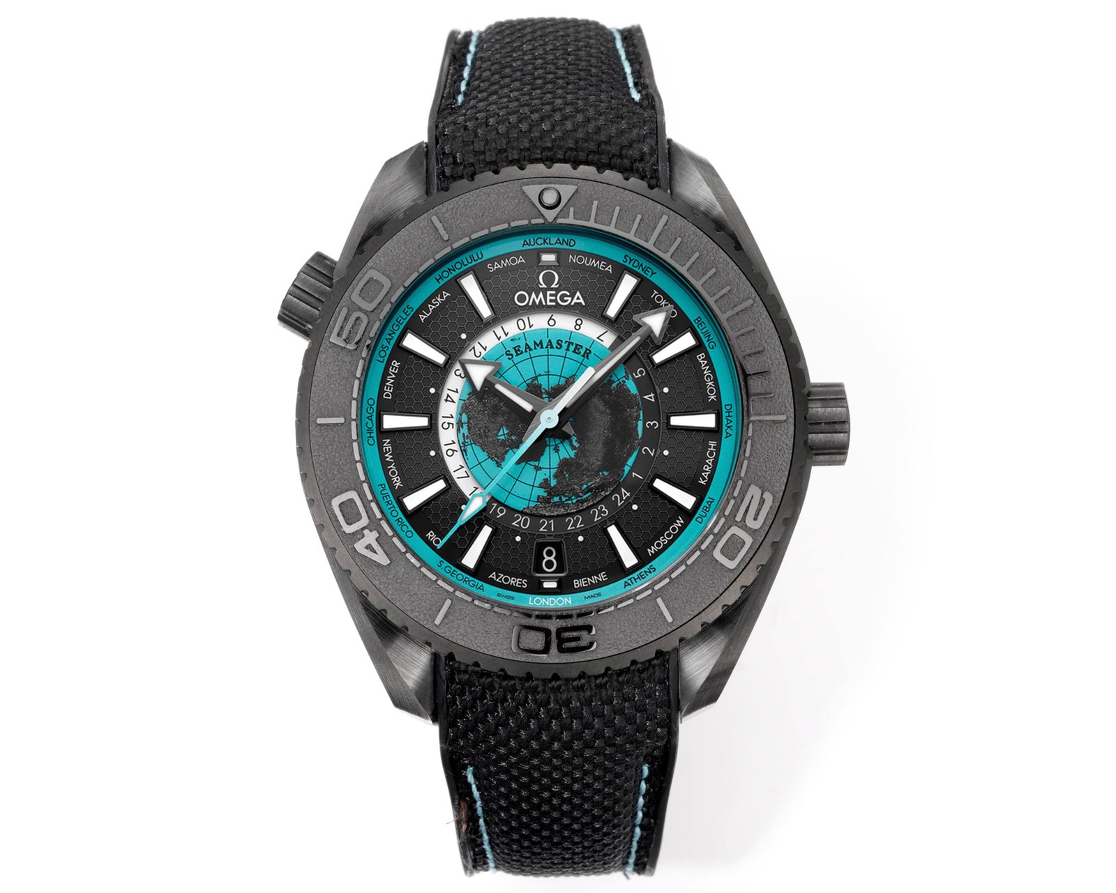Omega Seamaster Planet Ocean Worldtimer Turquoise Black Dial 45.5mm 215.92.46.22.01.006