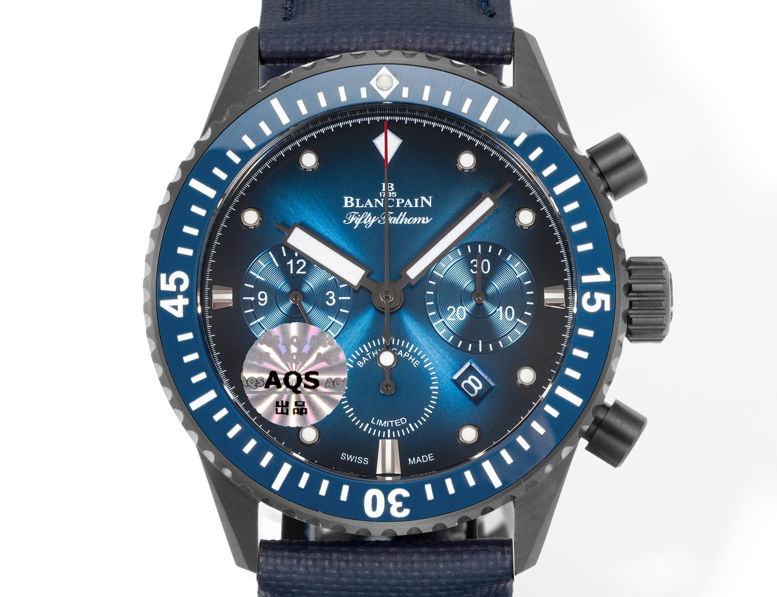 Blancpain Fifty Fathoms Bathyscaphe Black Ceramic Blue Dial Ocean Commitment Flyback Chronograph 43.6mm  BLP-FFB-OC-FC-BLK