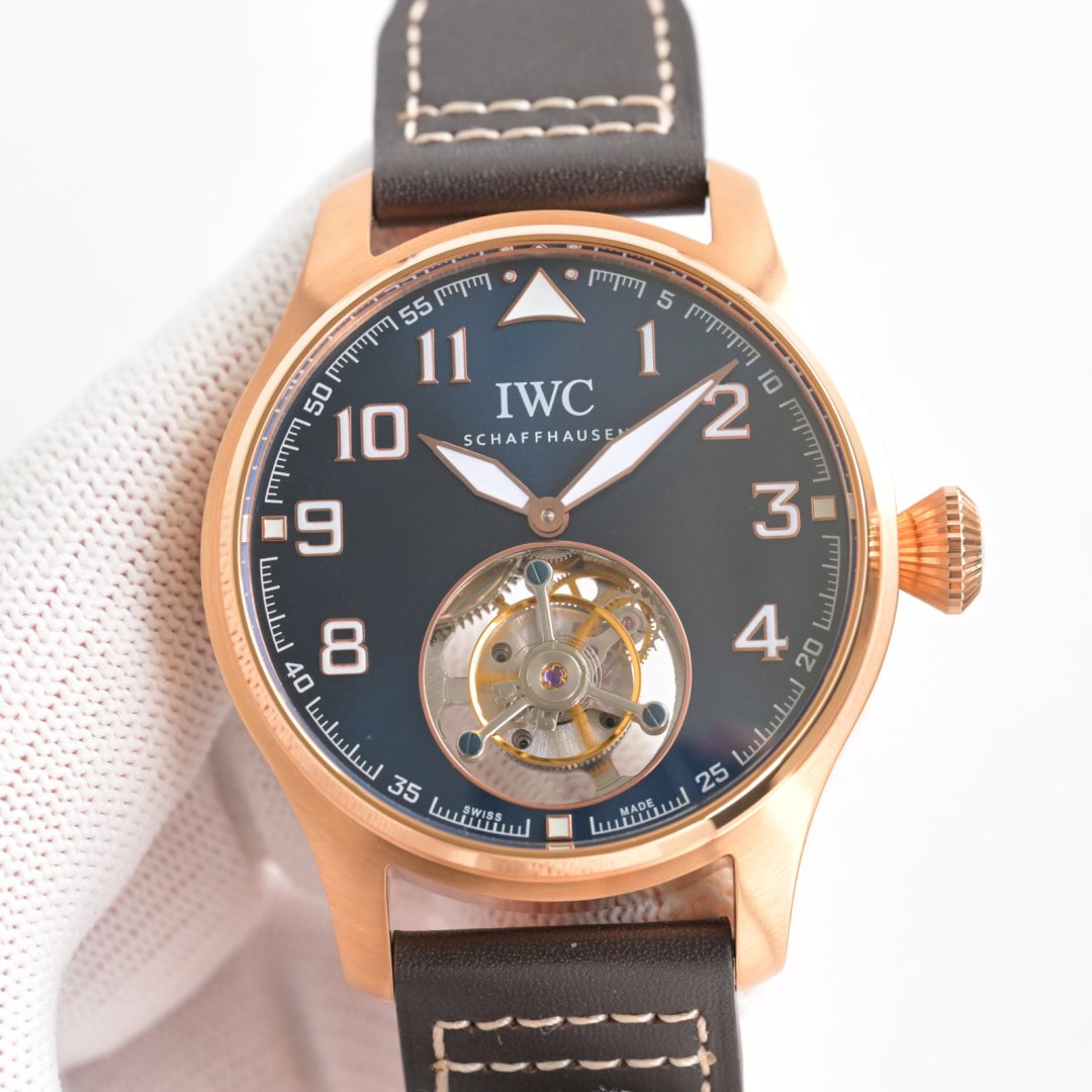 IWC Big Pilot Tourbillon Watch 43MM Rose Gold Case Blue Dial Dark Brown Leather Strap Manual Winding Tourbillon IWC-BPT-430-BL-DB-RG-TB