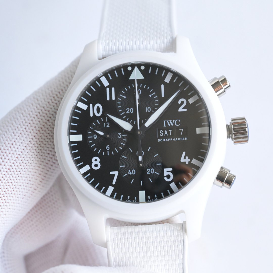 IWC Pilot Chronograph RW1  44.5MM White Ceramic Case Black Dial White Strap Sapphire Crystal IWC-PT-CH-445-BK-WH-WH-CM-7750
