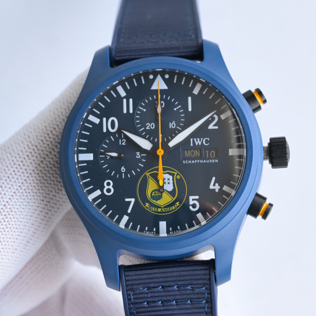 IWC Pilot Chronograph RW1 Men's Luxury Automatic Mechanical Watch 44.5MM Blue Ceramic Case Blue Dial Blue Strap Arabic Numerals