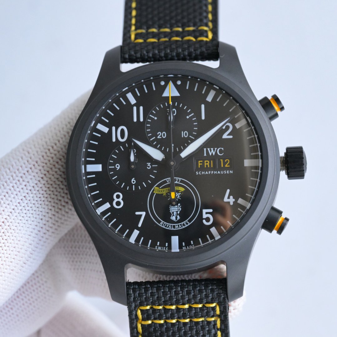 IWC Pilot Chronograph  Watch 44.5MM Black Ceramic Case Black Dial Black Strap Arabic Numerals Yellow Accents IWC-PT-CH-445-BK-BK-BK-CM-7750-YL