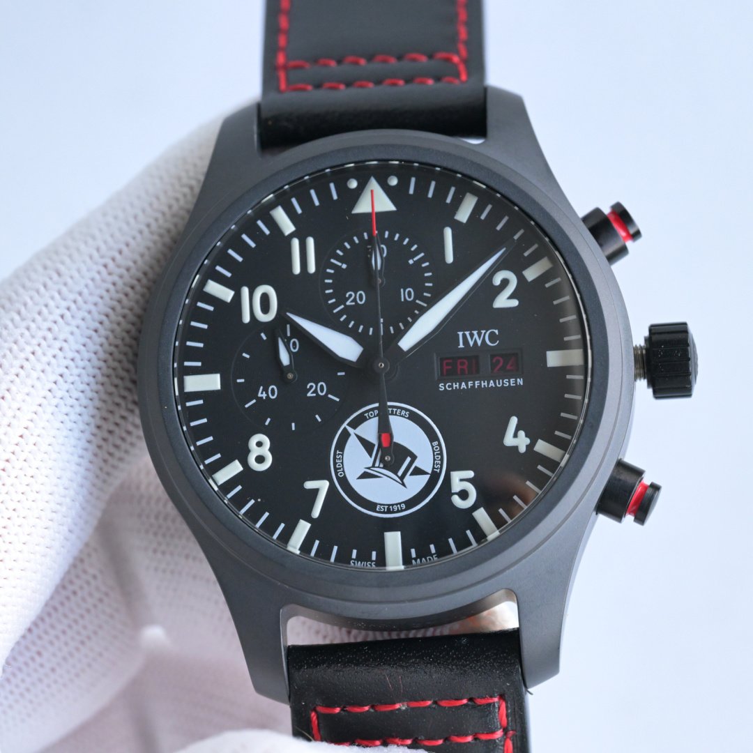 IWC Pilot Chronograph Watch 44.5MM Black Ceramic Case Black Dial Black Strap Arabic Numerals Red Seconds Hand 7750 Movement IWC-PT-CH-445-BK-BK-BK-CM-7750-RH