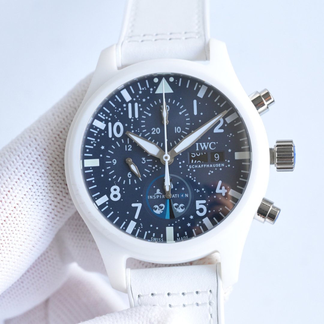 IWC Pilot Chronograph Watch 44.5MM White Ceramic Case Blue Dial White Strap Sapphire Crysta IWC-PT-CH-445-BL-WH-WH-CM-7750