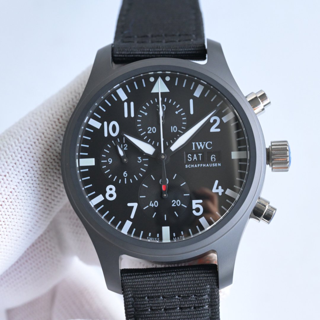 IWC Pilot Chronograph RW1 Men's Luxury Automatic Mechanical Watch 44.5MM Black Ceramic Case Black Dial Black Strap Sapphire Crystal IWC-PT-CH-445-BK-BK-BK-CM-7750