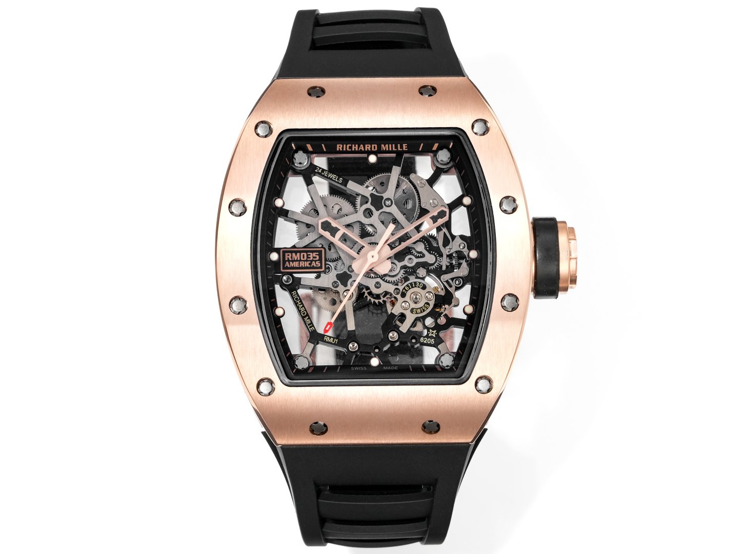 Richard Mille RM035 Big Bull  Rose Gold Carbon Fiber Case Skeleton Dial Rubber Velcro Strap RMUL1 Movement