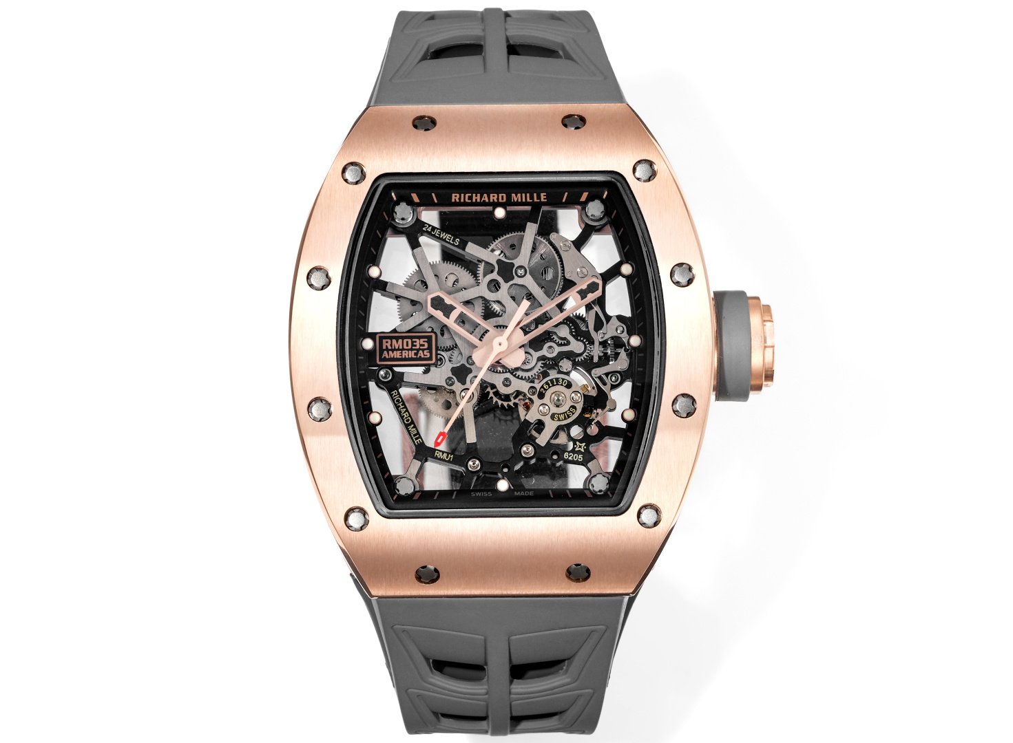 Richard Mille RM035 Big Bull  Rose Gold Carbon Fiber Case Skeleton Dial Grey Rubber Velcro Strap RMUL1 Movement RM-RM035-BB-RG-CF-GY-RMUL1
