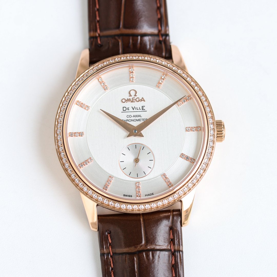 Omega De Ville Prestige Co-Axial 2202 Silver Dial Rose Gold Diamond Bezel Brown Leather Strap 39mm OMEGA-DEVILLE-PRESTIGE-2202-SILVER-ROSEGOLD-DIAMOND-BEZEL-BROWN-LEATHER-39MM