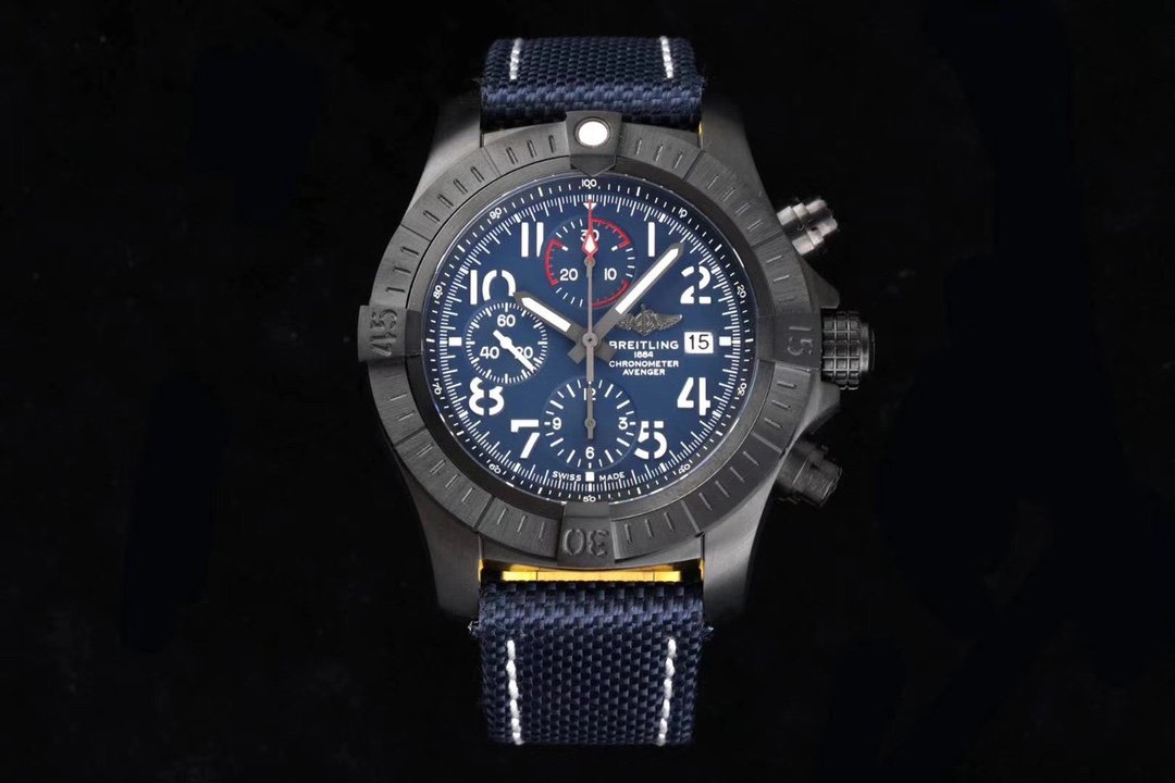 Breitling Avenger Chronograph Night Mission Watch 45MM Black Bezel Blue Dial Blue Nylon Canvas Strap 7750 Movement BRE-AVG-450-BL-BL-BK-7750
