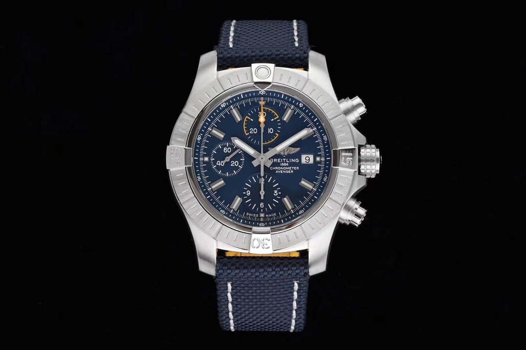 Breitling Avenger Chronograph 45  Mechanical Watch 45MM Stainless Steel Case Blue Matte Dial Military Strap Caliber A13317101C1X1