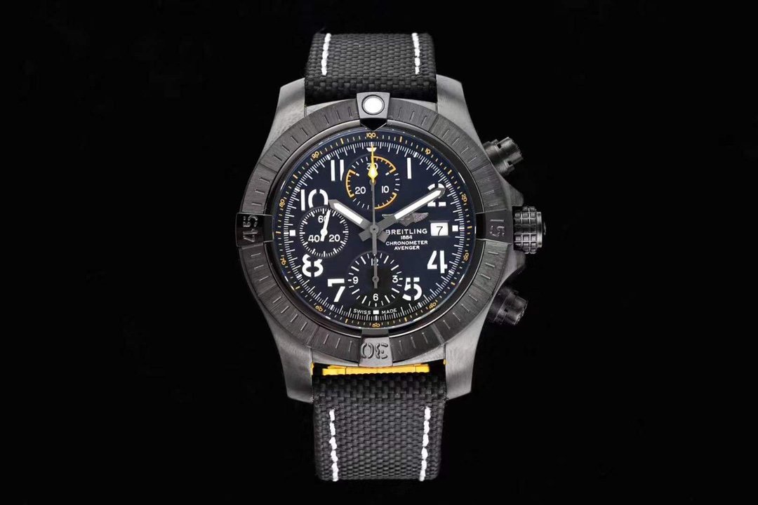 Breitling Avenger Chronograph Night Mission  Watch 45MM Black Case Black Dial Black Nylon Canvas Strap  BRE-AVG-450-BK-BK-BK-NY-7750-YL