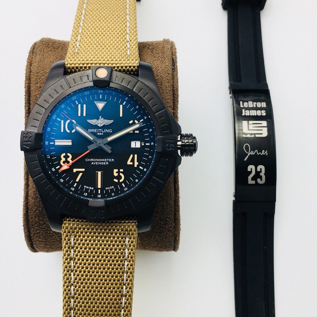 Breitling Avenger GMT 45  Watch 45MM Stainless Steel Case Black Dial Yellow Rubber Strap GMT Seagull  BRE-AVG-GMT-450-BK-YL-RB-SG2836