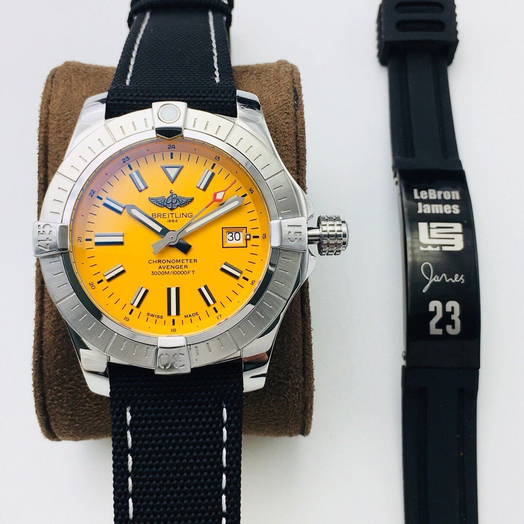 Breitling Avenger Automatic 45 Seawolf Watch 45MM Stainless Steel Case Yellow Matte Dial Military Strap A17319101I1X1
