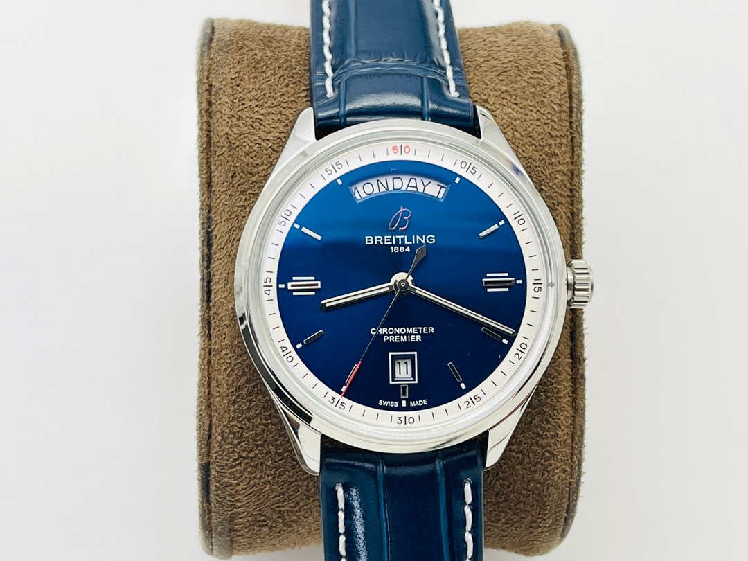 Breitling Premier Duograph Day & Date 40MM Stainless Steel Case Blue Dial Classic Leather Strap BRE-PRE-400-SS-LE-45