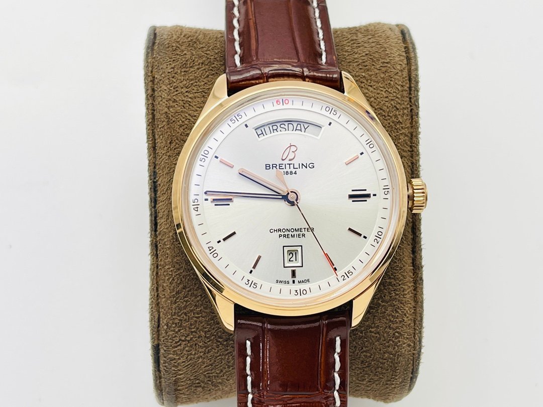 Breitling Premier Day & Date  Watch 40MM Rose Gold Case White Dial Red Leather Strap BRE-PRE-400-WH-RG-RL-45