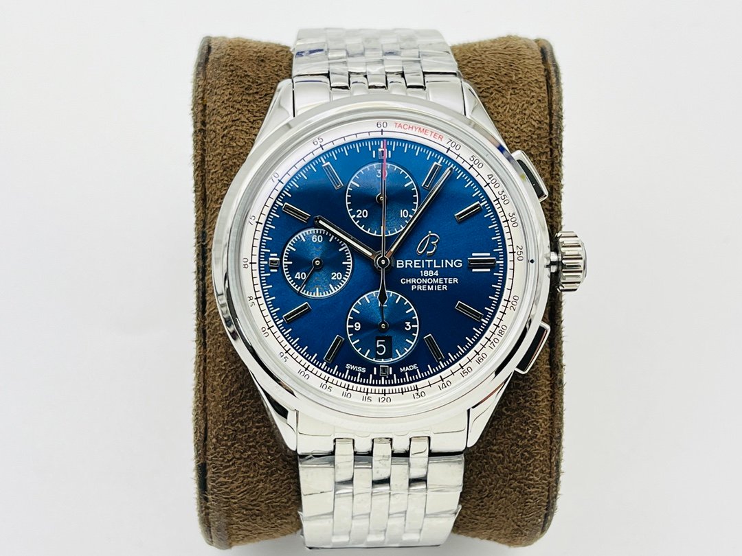 Breitling Premier Chronograph 42  Stainless Steel Case Blue Sunburst Dial Black Crocodile Leather Strap A13315351C1A1
