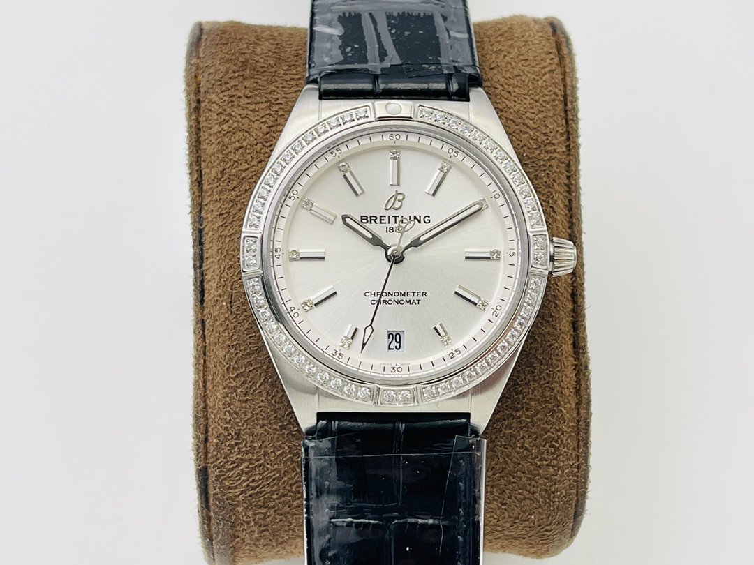 Breitling Premier Day & Date  36MM Stainless Steel Diamond Bezel Black Leather Strap BRE-PRE-400-BK-SS-DM-BL-36