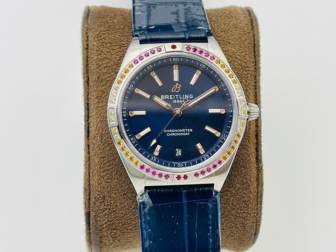 Breitling Premier Day & Date  36MM Stainless Steel Case Rainbow Diamond Bezel Deep Blue Leather Strap BRE-PRE-400-SS-RB-DBL-36