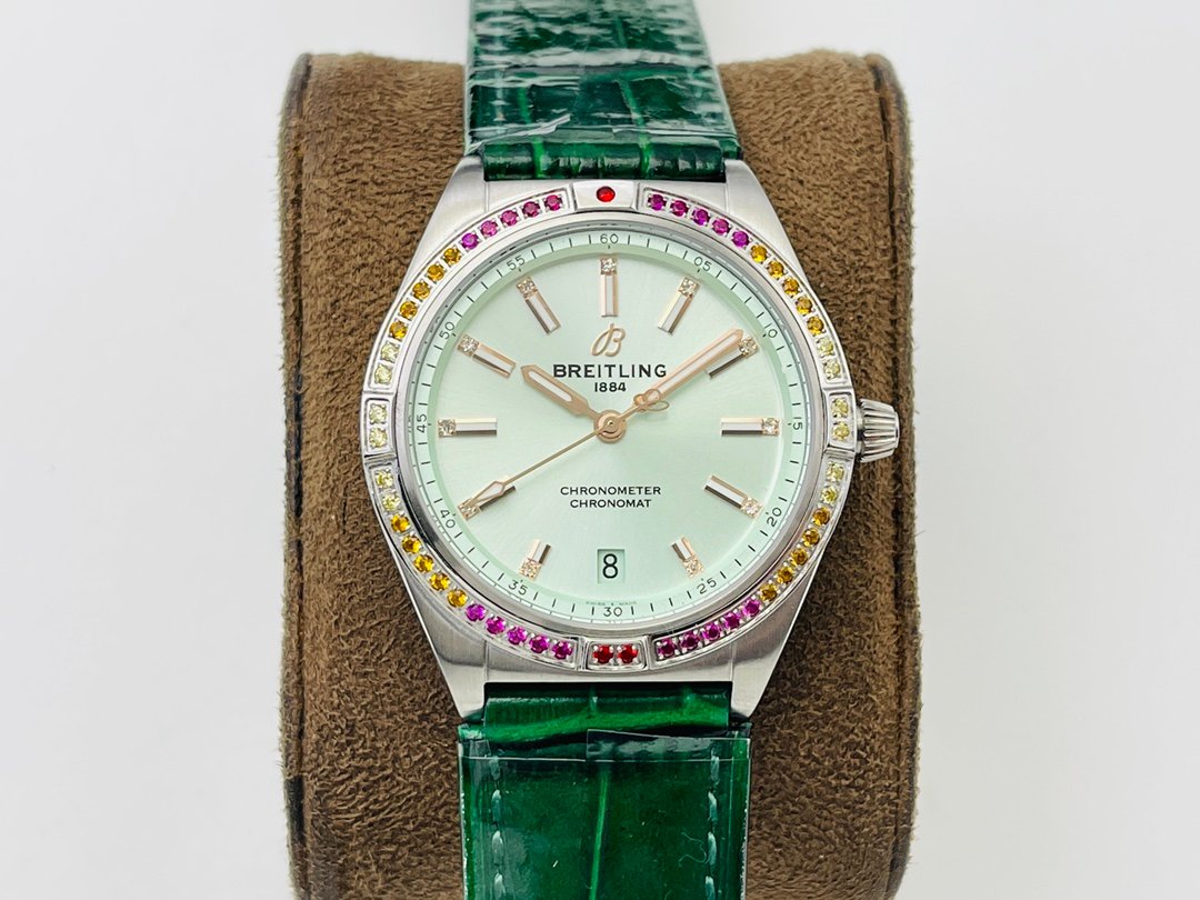 Breitling Premier Day & Date 36MM Stainless Steel Case Rainbow Diamond Bezel Light Green Dial Green Leather Strap BRE-PRE-400-LGN-SS-RB-GR-36