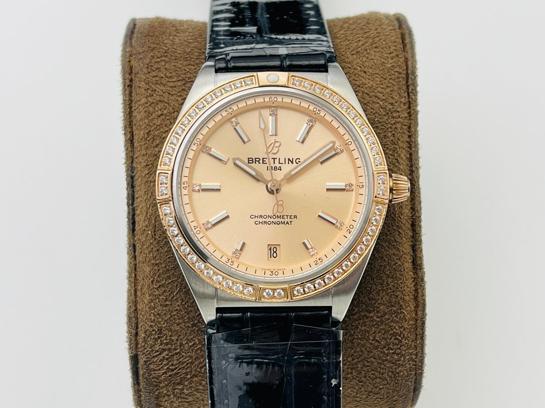 Breitling Premier Day & Date 36MM Stainless Steel Case Champagne Dial Diamond Bezel Black Leather Strap BRE-PRE-400-CH-SS-DM-BL-36