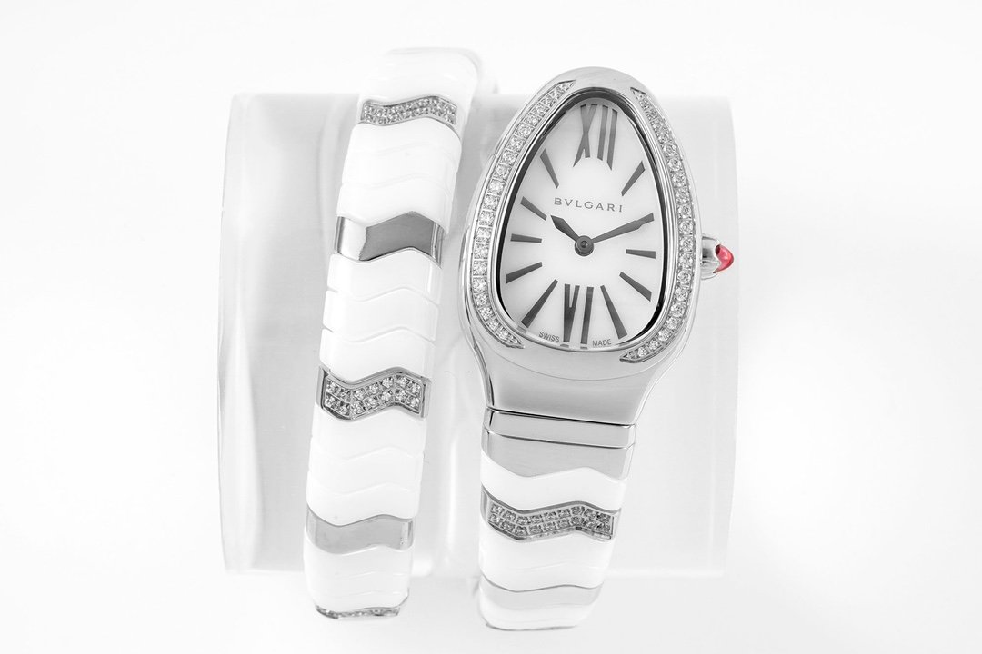 Bulgari Serpenti Spiga Rose Gold & Ceramic Diamond Bezel White Dial 35mm BSPG-RG-C-DM-WH-35