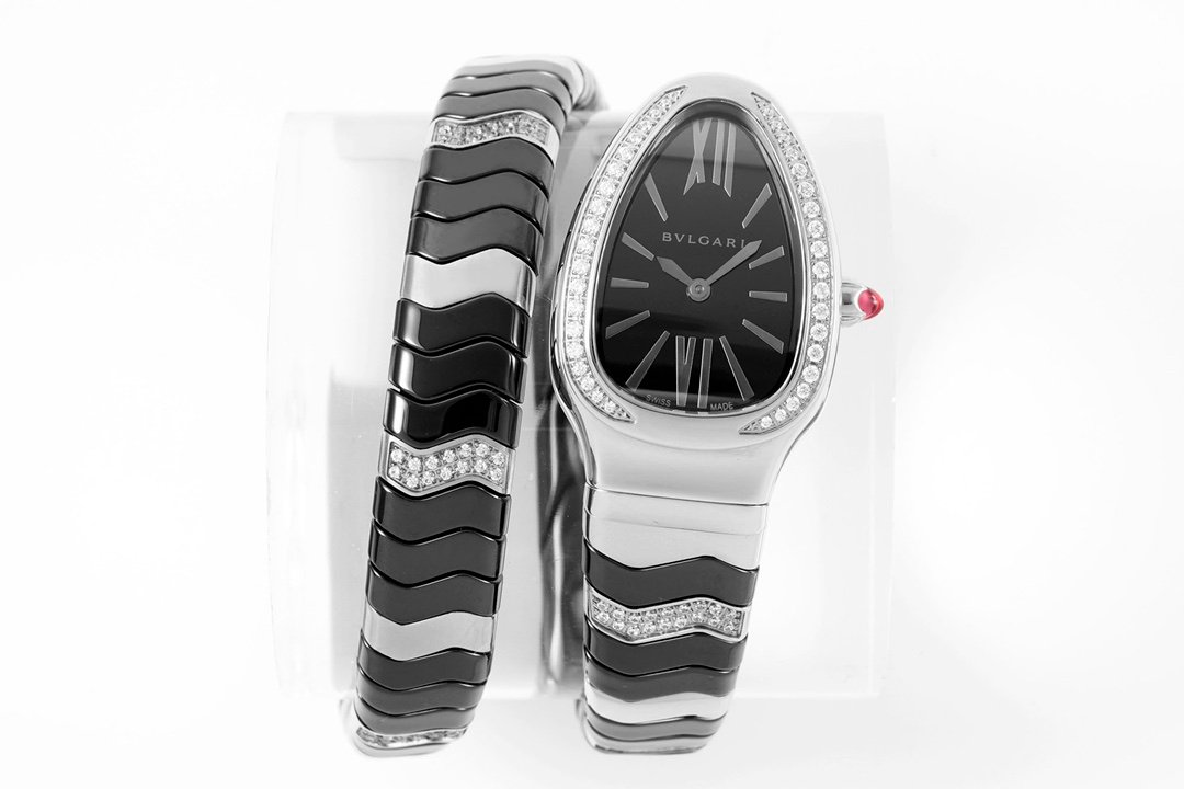 Bulgari Serpenti Spiga Stainless Steel & Ceramic Diamond Bezel Black Dial 35mm BSPG-SS-C-DM-BK-35