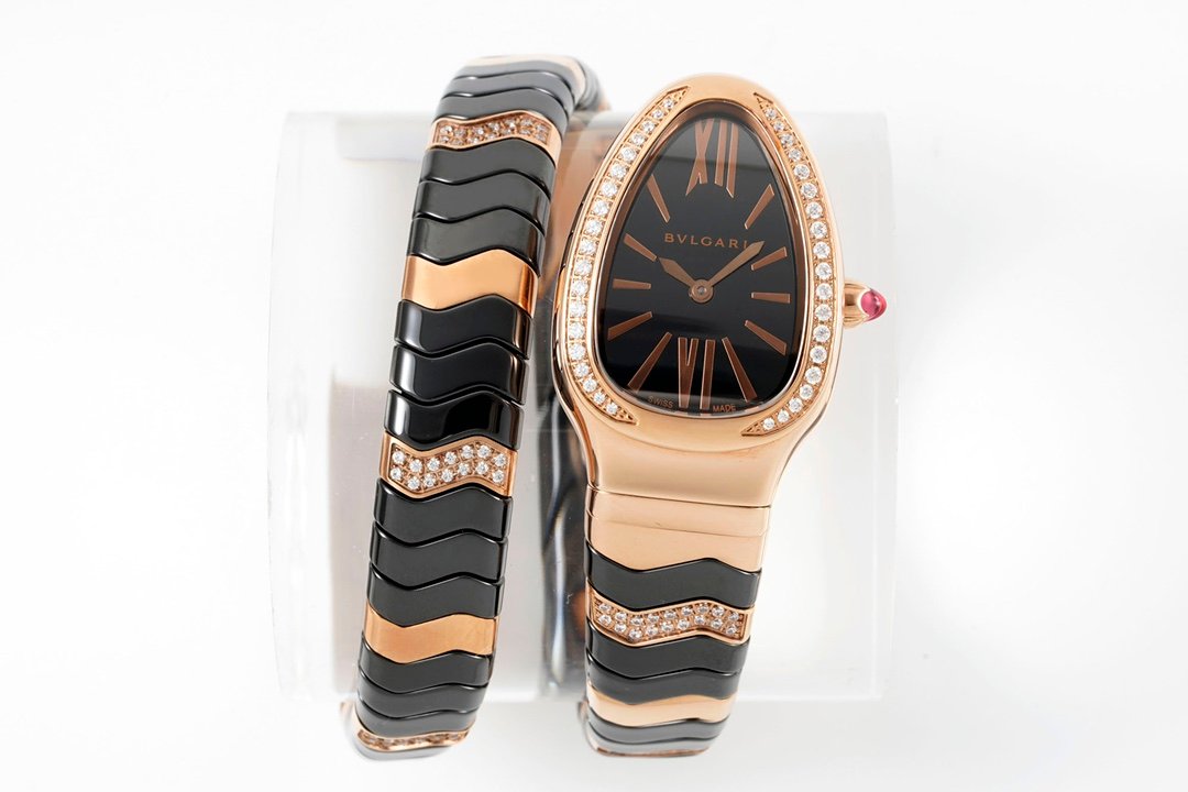 Bulgari Serpenti Spiga Pink Gold & Ceramic Diamond Bezel Black Dial 35mm 102128