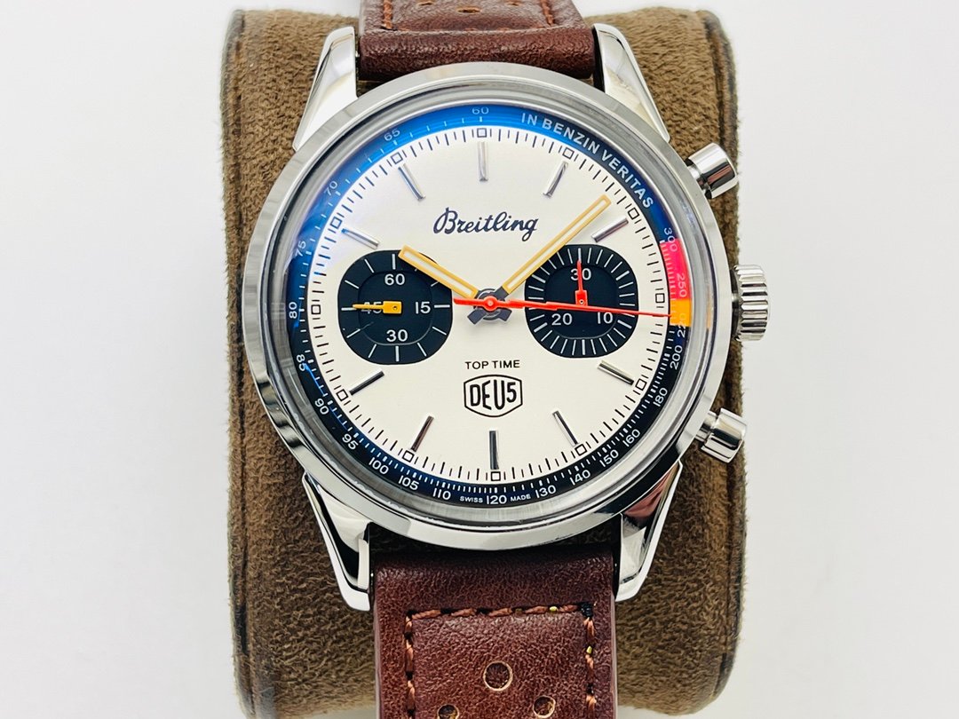 Breitling Top Time Deus Chronograph Limited Edition 41MM Stainless Steel Case Beige Sunburst Dial Brown Leather Strap A233101A1A1X1