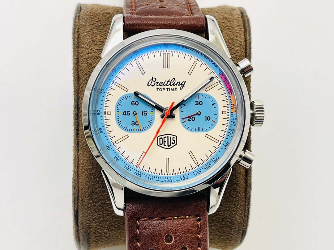 Breitling Top Time Deus II Chronograph 42MM Stainless Steel Case Silver Matte Deus Dial Brown Leather Strap A233112A1A1X1