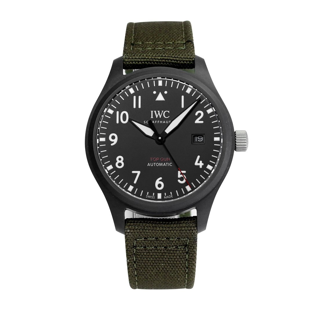IWC Pilot's Watch Automatic Black Aces  Watch 41MM Black Titanium Ceramic Case Black Dial Dark Green Strap Sapphire Crystal 32100 Movement IWC-PT-410-BK-GR-TC-32100