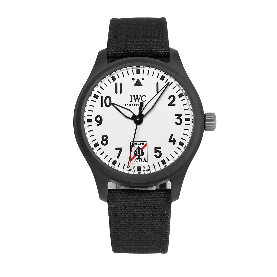 IWC Pilot's Watch Automatic Black Aces  Mechanical Watch 41MM Black Titanium Ceramic Case White Dial Black Strap Arabic Numerals Sapphire Crystal 32100 Movement IWC-PT-410-WH-BK-TC-32100