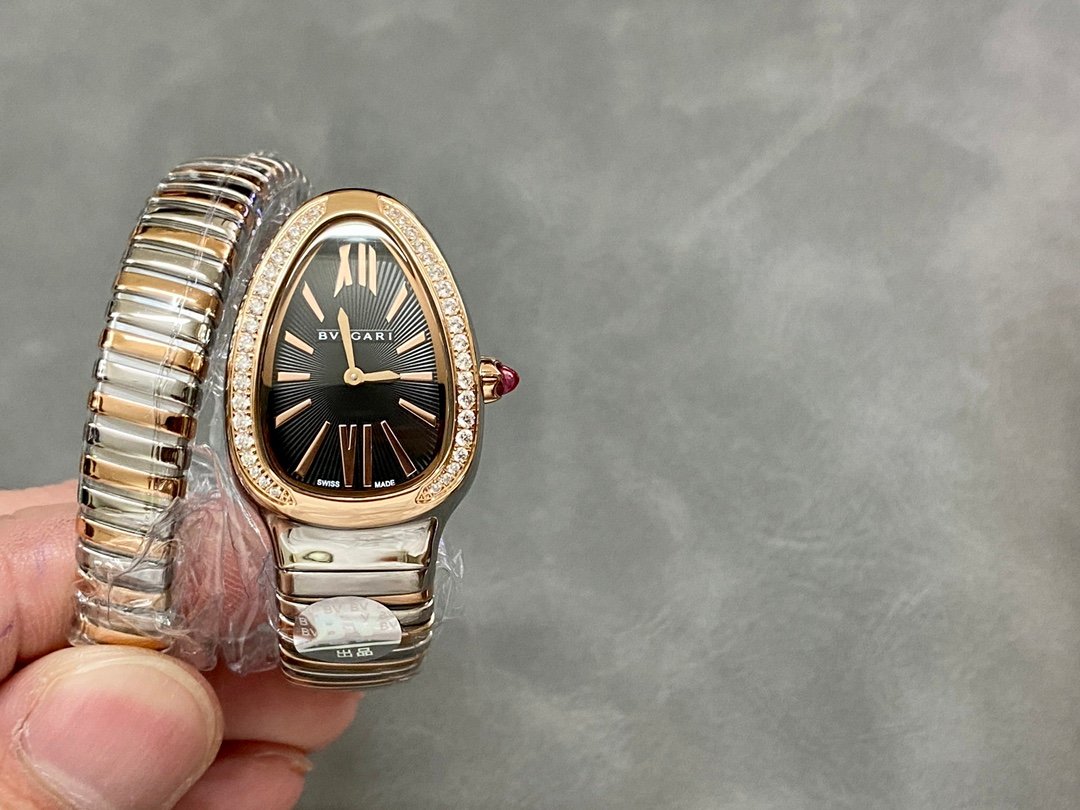 Bulgari Serpenti Tubogas Two-Tone Pink Gold & Stainless Steel Diamond Bezel Black Dial 35mm 102098