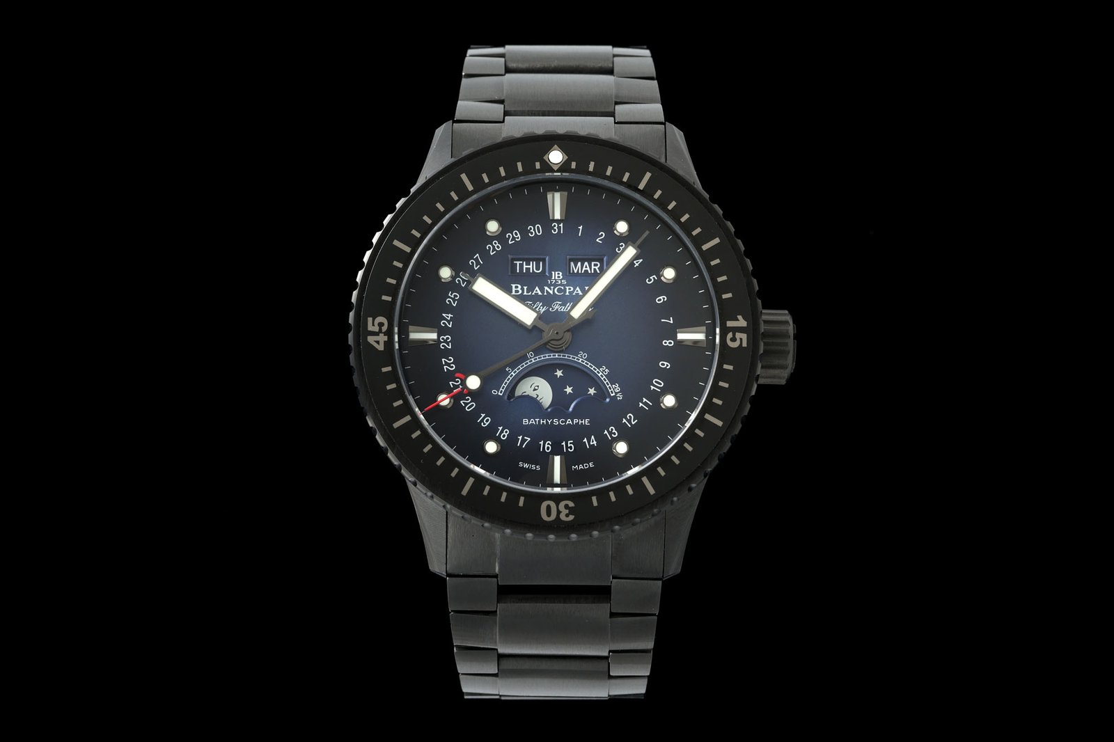 Blancpain Fifty Fathoms Bathyscaphe Quantième Complet Phases de Lune Black Ceramic Blue Dial 43.6mm 5054-0140-01S