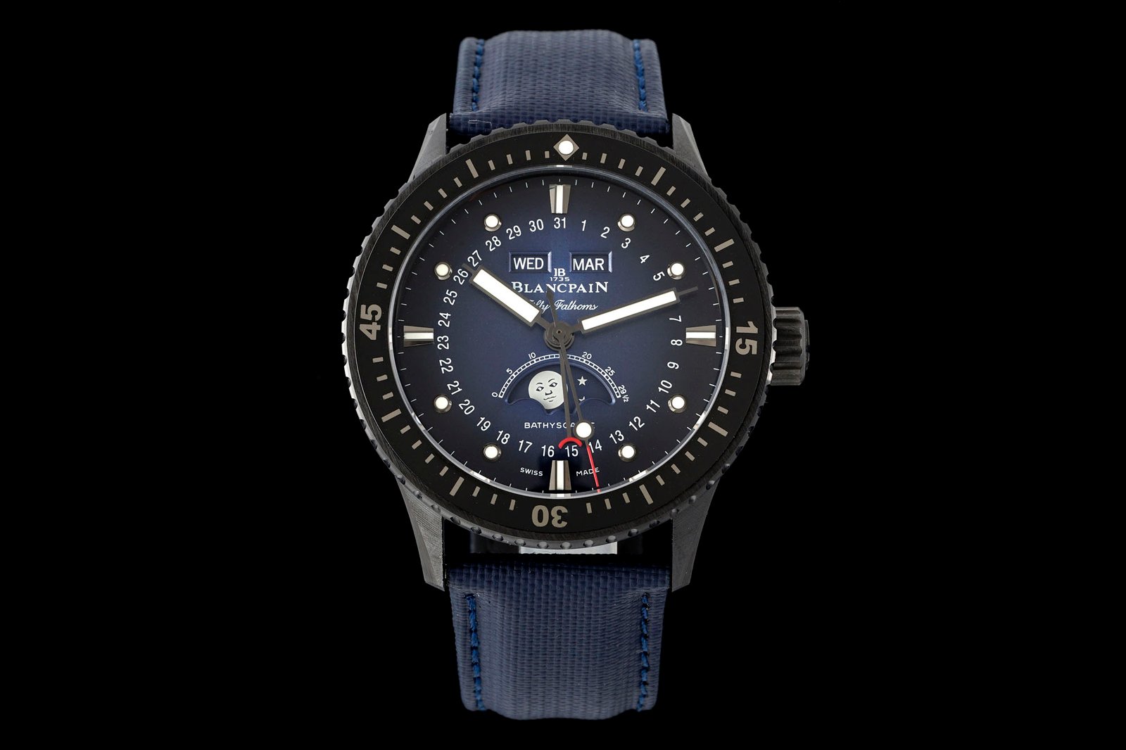 Blancpain Fifty Fathoms Bathyscaphe Quantième Complet Phases de Lune Black Ceramic Blue Dial Sail-Canvas Strap 43.6mm 5054-0140-B52A