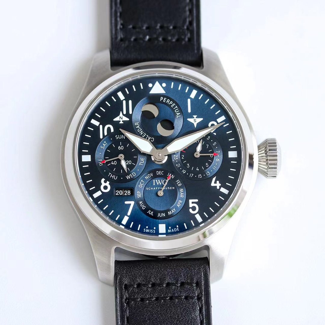 IWC Big Pilot Perpetual Calendar World Air Dominator  Watch 41MM Stainless Steel Blue Dial Black Leather Strap IWC-BPPC-410-BL-BK-SS-PC