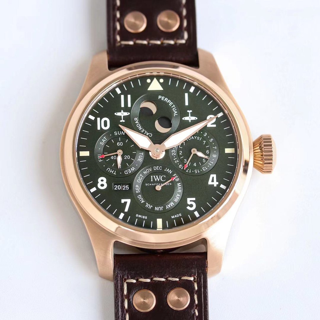IWC Big Pilot's Watch Perpetual Calendar Spitfire Men's Luxury Mechanical Watch 46.2MM Bronze Green Dial Brown Leather Strap IW503601