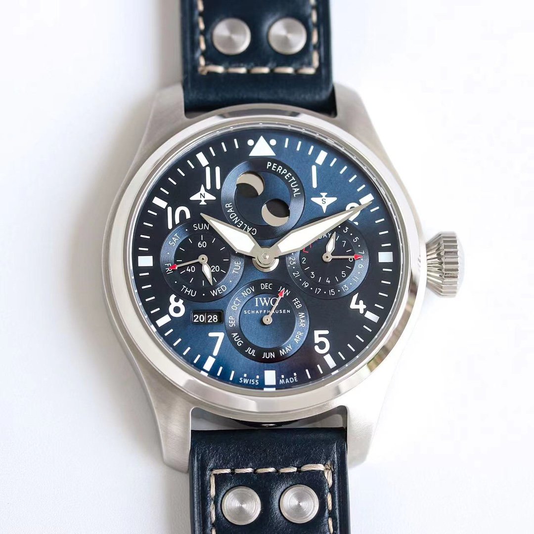 IWC Big Pilot Perpetual Calendar World Air Dominator  Watch 41MM Stainless Steel Blue Dial Blue Leather Strap IWC-BPPC-410-BL-BL-SS-PC